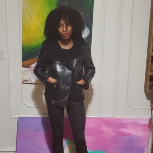 Theory Blue Black Leather Shearling Jacket